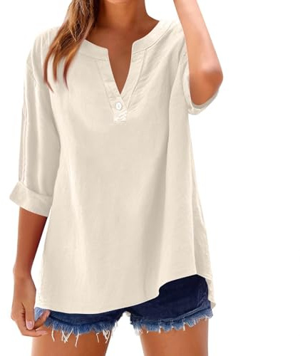 WDCHAOYUE Top Femme Souple Été Bouton Col V Pullover Coton Bouffante Oversize Manche 3/ Pullover Femme Sportif Simple Plaine Beige