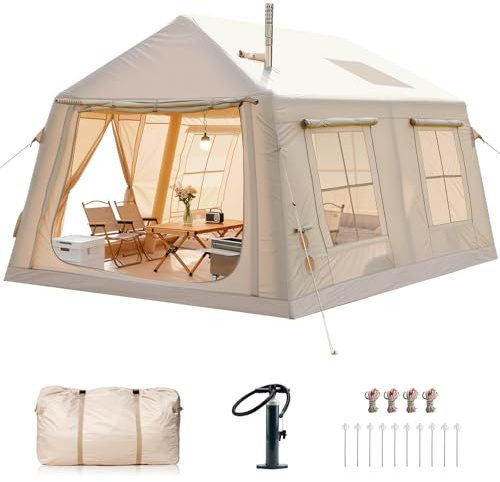 Inflatable Tent for Camping, Blow Up Hot Tent with Stove Jack & Skylight | 2 Room Large Inflatable Camping Tent for 8-10 People, Easy Setup Air Beam Tent for Adults Glamping & Family Camping