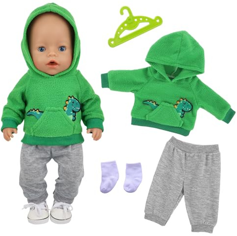 Vestiti per bambole da 14 a 18 pollici, 4 pezzi di vestiti per bambole da 35 a 45 cm, abiti per bambole da 43 cm, maglione verde a forma di dinosauro + pantaloni grigi + calzini bianchi, accessori per