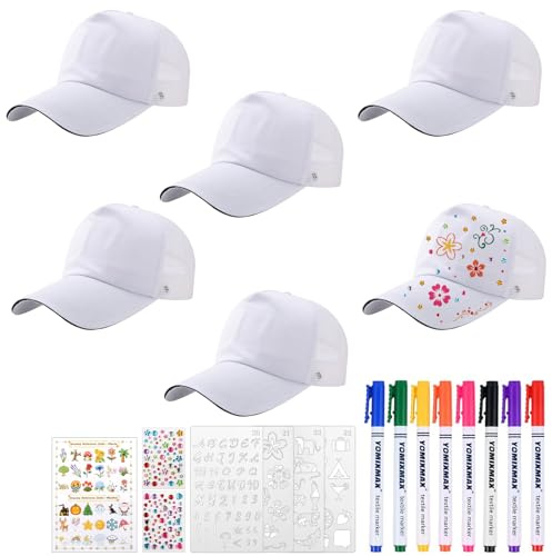 6 Pièces DIY Casquette de Baseball à Peindre avec Maille Coton Blanc Casquettes Graffiti pour Enfants avec 8 Pinceaux Autocollants en Pierre Précieuse Boîte Cadeau pour Garçons et Filles Creative Art
