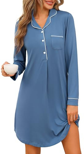 Jahetuul Camisón Mujer de Algodón Manga Larga con Botones y Bolsillo