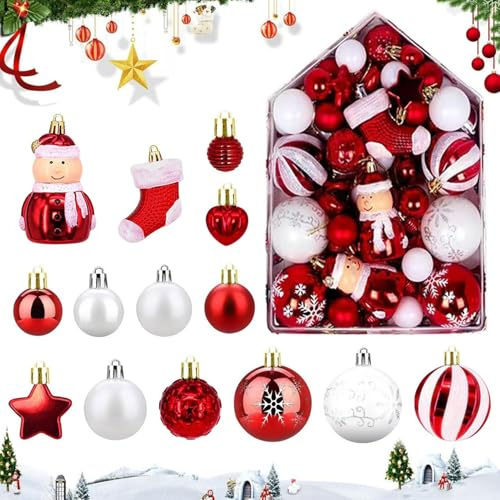 weihnachtskugeln weiß rot, 72 Stück Weihnachtsbaum Kugeln weiß rot, Weihnachtskugeln Kunststoff Set, Kugeln Weihnachtsbaum, Christmas Baubles für Weihnachten Party Dekoration