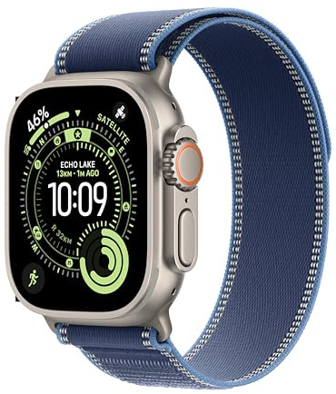 Apple Watch Ultra 3 GPS + Cellular 49mm Premium Running and Multisport Smartwatch with Rugged Natural Titanium Case with Blue/Bright Blue Trail Loop M/L. Advanced Health and Fitness Tracking