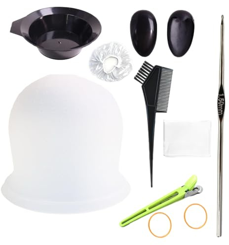 Bonnet de cheveux en Silicone avec Crochet,avec kit Coloration Cheveux Complet,Bonnet pour mèches et Balayage,Pinceau Coloration Cheveux,bol Coloration Cheveux,Gants et Crochets pour Femmes Filles