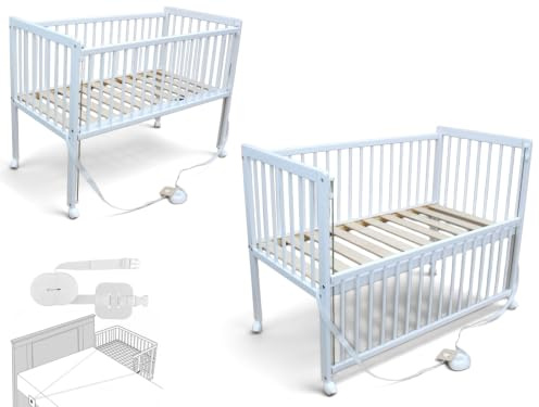 Micoland Kinderbett/Beistellbett/Babybett 2in1 120x60 cm mit Gurt weiß | als Beistellbett und Stubenwagen nutzbar