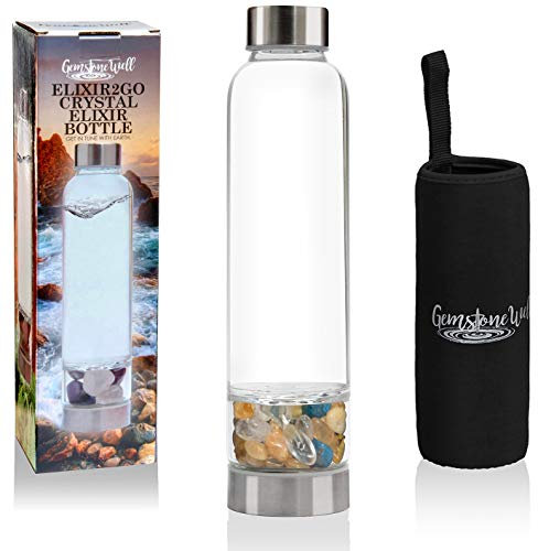 Gemstone Well Crystal Water Bottle Elixir Set | Includes Authentic Laboratory Citrine, Blue Apatite & Clear Quartz Healing Crystals | Black Neoprene Sleeve | Drink Gem Infused Water On The Go