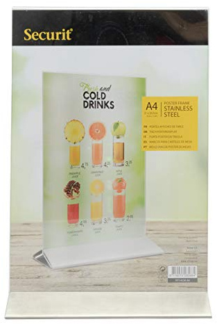 SECURIT - Porta Poster da Tavola Verticale - Formato A4 | Base in Acciaio Inox Spazzolato - Acrilico Trasparente - Per Interni ed Esterni