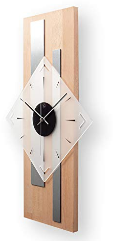 Kreative Feder Moderne Designer Holz Alu Funk Wanduhr leise Funkuhr ohne Ticken 60x30cm (Buche, leises Funkuhrwerk)