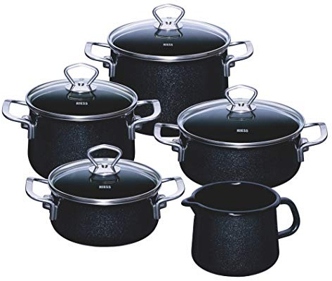 Riess, 0584-009, Familien-Set 5tlg., BLACK MAGIC, Emaille, Made in Österreich, LBH: 48,5x39,0x28,5cm, 7,740kg, Kanne mit Henkel, Deckel, Induktionskocher kompatibel, Gasherd geeignet, Ofenfest
