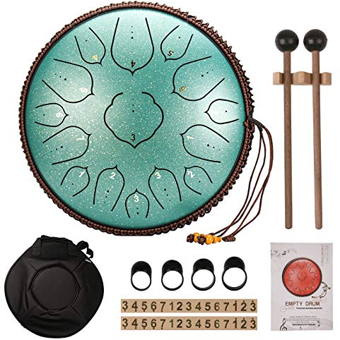 Steel Tongue Drum Zungentrommel 14 Zoll 15 Tone D-Dur Handpan Drum Schlagzeug (Grün)