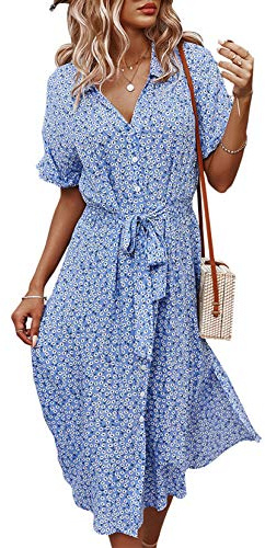 Jiraewh Damen Blumen Sommerkleid Knopf Kurzarm V-Ausschnitt Lose Knielang Kleid High Waist Midi-Hemdkleid Strandkleider Polka Dots Knopfkleid (Blau, M)