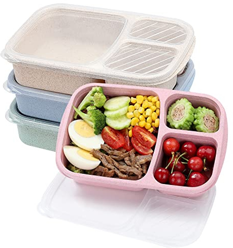 buluker 4 Pack Bento Lunch Box Set 3 Compartment Food Storage Containers Wheat Straw Meal Prep Lunch Box Plastic Food Storage Containers, Microwave and Dishwasher Safe (light colour)