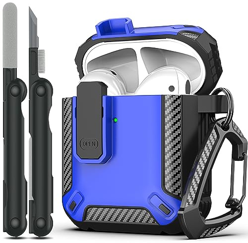 RFUNGUANGO Kompatibel mit für AirPods 2 Generation hülle Schutzhülle mit Reinigungsset, militärische Hartschalen-Schutzhülle mit Schloss für AirPod Gen 1 & 2 Ladehülle,Blau