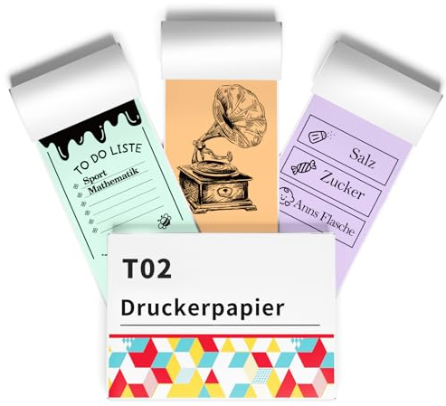T02/M02X/M02L Mini Thermo Sticker Papier - Kompatibel mit Memoking T02 Mini-Sticker-Drucker, Kompatibel mit Phomemo T02/M02X Sticker Drucker, Perfekt für Journal, Fotos, Notizen, 3 Rollen