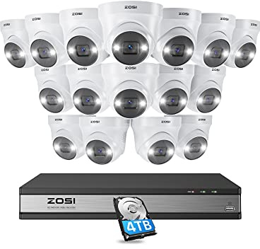 ZOSI 4K PoE CCTV Camera System, 16pcs 5MP Home Security PoE Cameras, IP66 | Outdoor Indoor PoE Camera, 16CH 4K PoE NVR & 4TB HDD, Person Vehicle Detection, 2-Way Audio, Spotlights, Color Night Vision