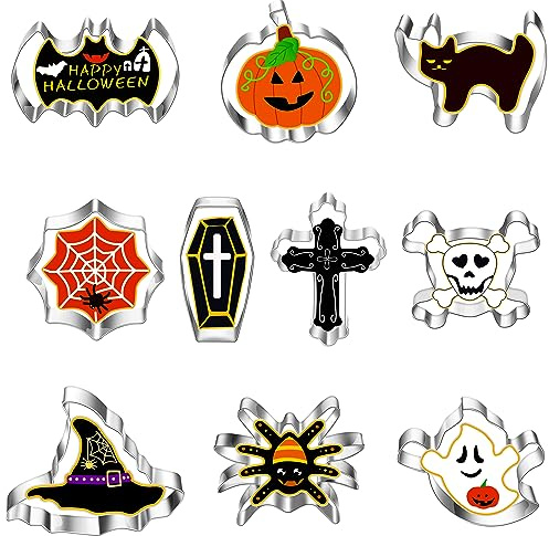 KEYIDO Juego de 10 cortadores de galletas de Halloween de acero inoxidable para galletas de gato, ataúd, calavera, araña, murciélago, cruz, sombrero de bruja, fantasma, calabaza, cortador de galletas