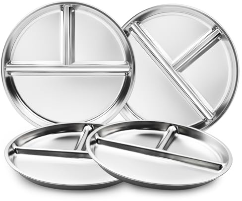 Bakpoco Stainless Steel Kids Plates Set of 4, 9 Portion Control Plates Divided Plate for Adults Toddlers Balance Lunch, Bariatric & Diabetic Diet, Non Toxic Camping Metal Snack Plate for Eating