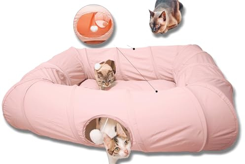 XxingSheep 4 Ways Shuttled XL Katzentunnelbett für Indoor-Katzen Peekaboo Katzenhöhle Donut mit Kühlmatte (Rosa)