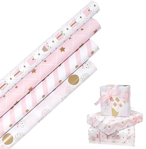 HBell Pink Wrapping Paper Rolls, 4 Rolls Birthday Gift Wrap Paper, Girls Gift Wrap 43cm x 3M for Mother's Day, Easter, Baby Shower, Party, Festive Decorations