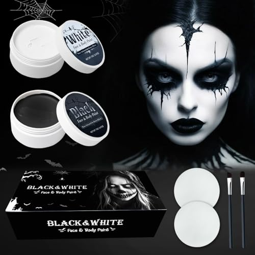 Trucco per Halloween, colore nero e bianco (70 g per pezzo), con 2 pennelli + 2 nappe di cipria, trucco per Halloween, trucco teatrale, zombie vampiro, joker, trucco, make-up