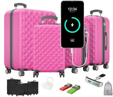 Onbest Premium Kofferset 4-TLG. – Hartschalen Trolley mit TSA-Lock | Mit USB-Anschluss, Kofferwaage, 2 Koffergurten, 4 Adresshängern, Getränkehalter, Schuhbeutel & Staubschutzhüllen