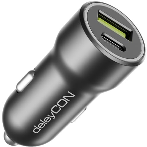 deleyCON 2 Port KFZ Ladegerät USB A und C (20W - Schnellladegerät) 12V Zigarettenanzünder PD 3.0 USB Car Charger für iPhone 16/15/14/13/12/11 iPad Galaxy S25/S24/S23 Pixel Handy