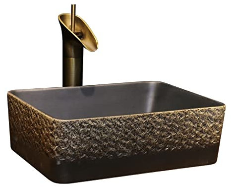 CAFIEDR Unterbauwaschbecken Badezimmer-Waschtisch Waschbecken Vintage Art Aufsatzwaschbecken Rechteckiges Keramikwaschbecken mit Wasserhahn Badezimmerwaschbecken
