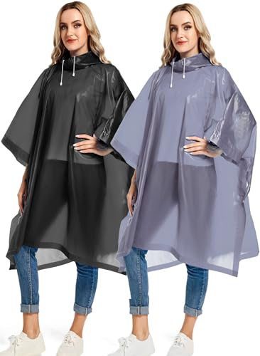 HOOMBOOM Reusable Rain Ponchos with Drawstring Hood for Adults, Waterproof Thicken Rain Coat, 2 Packs