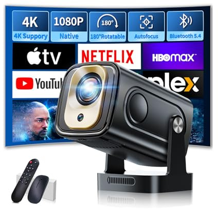 Mini Projector 1080P with WiFi 6 and Bluetooth 5.4, 4K Full HD Projector Features Auto Focus & Keystone, Portable Projector Built-in App Support 270° Rotatable, Compatible with Phone/HDMI/USB - Black