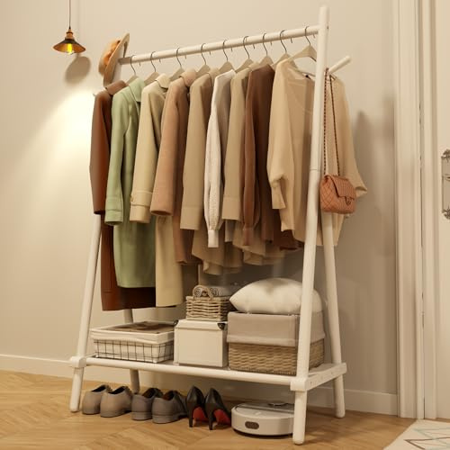 AQIMUELE Kleiderständer, Massivholz Garderobenständer, Garderobe, Kleiderablage, mit Stange, Regal und 4 Haken, Einfache Montage, für Schlafzimmer und Garderobe (Weiß - ohne Rollen)