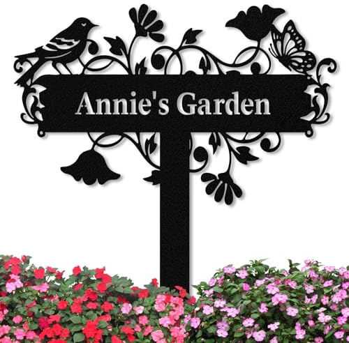 Personalized Garden Signs with Stake, Custom Garden Signs Metal for Outdoor Waterproof, Customized Metal Name Sign, Birds Flowers Design Home Patio Yard Decor Gardening Gift