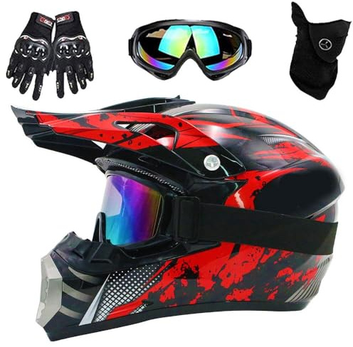 Casco de Motocross para NiñOs Y Adultos con Gafas, Guantes Y MáScara, ATV, Casco de Motocicleta Todoterreno Negro Unisex para Adultos, Aprobado por El Dot(L(56-57cm))