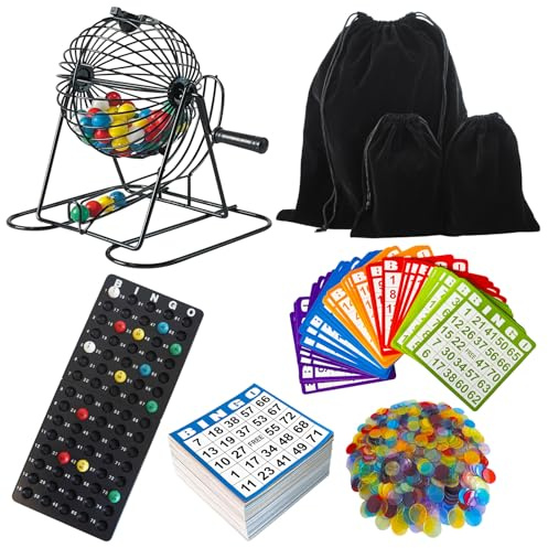 SEETOOOGAMES Deluxe Bingo Game Set - Metal Cage, 50 Bingo Cards, 500 Paper Sheets, 500 Chips, 75 Balls, Plastic Master Board - Great for Large Groups, Family Games Nights Parties (Round Cage)
