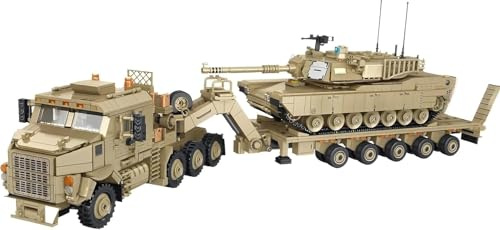 MOCSETS Technik Militär LKW M1070 HETS mit Anhänger und Panzer, Klemmbausteine Militärfahrzeuge Modellbausatz aus 3482+ Teile und 5 Soldaten(Ohne Bedruckte Originalkarton)