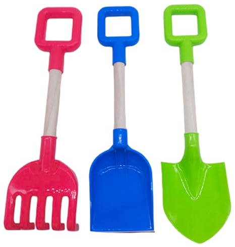Rwigeboo Pala da Spiaggia 3 Pezzi, Pala per Bambini in plastica ABS, rastrello con Manico in Legno, Strumenti Multifunzione per Costruire, scolpire o Scavare