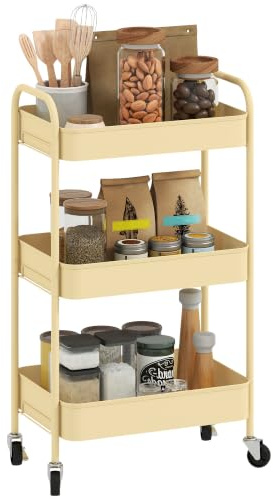 HOMCOM Carrito Auxiliar con Ruedas de 3 Niveles 45x30,6x79 cm Amarillo | Carrito de Cocina, 3 Cestas, 2 Asas, para Baño, Dormitorio, Oficina
