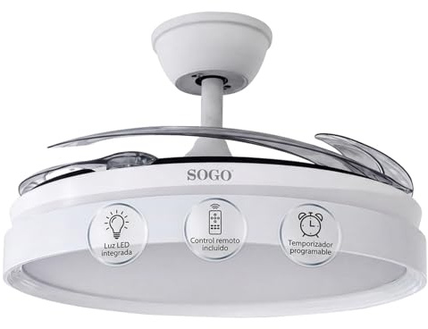 SOGO Ventilador Techo Plegable con Luz LED Regulable y Motor Silencioso - Ventilador Techo con Mando a Distancia y Temporizador Reversible - Ventilador Techo Aspas Retráctiles Madera Bajo Consumo
