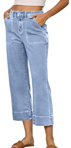 Générique Pantacourt Jeans Femme D'Été Taille Haute Elastique Coupe Droite Jean Zippé Femmes Taille Elastique Confort Pantalon 7/8 Fluide Denim Jean Baggy Wide Leg à Jambe Large Coupe Ample