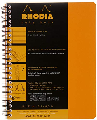 RHODIA 193468C - Quaderno a spirale (rilegatura integrale) Notebook Orange - A5+ 16 x 21 cm- a righe - 160 pag. staccabili - Carta Clairefontaine 80g/m² - COPERTINA in carta trattata