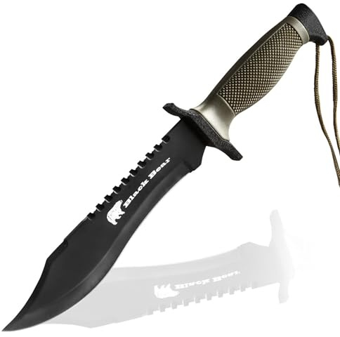 Albainox Coltello da Caccia Nero con Fodero in Plastica Impermeabile, Lama di 18 cm e Manico Antiscivolo