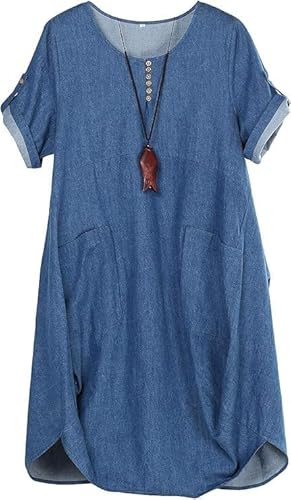 Minibee Women's Ruffle Oversize Casual Midi Dresses with Pockets (XL, Denim Blue)