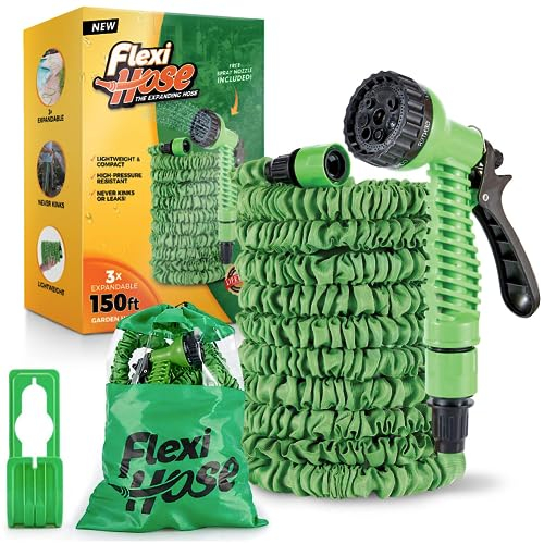Flexi Hose Expandable Garden Hose - 150FT Heavy Duty Water Hose, Retractable Hose with 3/4-Inch Solid Brass Fittings - Expandable Hose Design & Spray Nozzle Included - Green, 45 Metres
