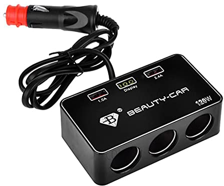 O14C KFZ Zigarettenanzünder Verteiler 3-Fach Steckdose + 2 USB Anschlüsse, 120W, 12V/24V Auto Ladegerät für Smartphone, Tablet, GPS, Navi