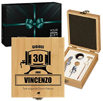 Maverton Set Cavatappi da Vino, Kit da Sommelier Degustazione Perfetta | Personalizzato, Scatola in Legno di bambù + 4 Pezzi di Accessori Vino, Regalo Uomo, Anni gioiosi