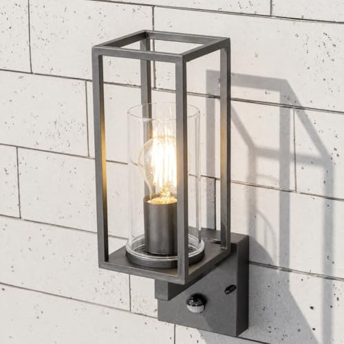 CGC Lighting Outdoor Outside Wall Light Black Modern, E27 Bulb, Mains Powered, Garden, Porch, Patio (Black PIR)