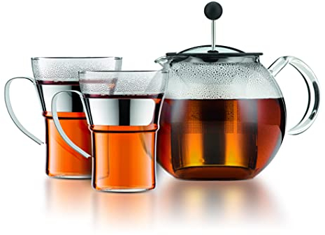 Bodum K1801-16CAR ASSAM SET Teekanne mit Deckel und Edelstahlfilter, 1,0 l, mit 2 Glasbechern Henkel Edelstahl, 0,35 l