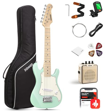 Kit de guitarra eléctrica para niños de 30 pulgadas estilo ST Mini Electric Guitar Starter Package Verde para niños niñas con amplificador, bolsa, afinador, púas, cable, correa, cuerdas extra DSJ-100