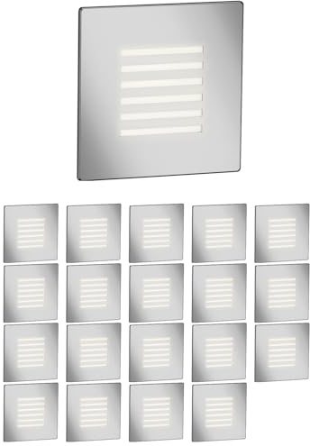 ledscom.de Lámpara LED para escaleras/empotrable en pared FEX de 20 LED, para interior y exterior, rejilla, forma cuadrada, acero inoxidable, 85 x 85 mm, blanco cálido