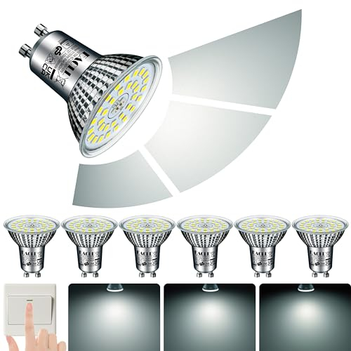 EACLL Bombillas LED GU10 Blanco Frio 10W Regulable de 3 Etapas, Pack de 6. 6000K 940 Lúmenes Reemplaza 125W Halógeno, 3 Brillos Con Memoria, Lámparas Reflectoras 3 en 1, Focos Sin Parpadeo