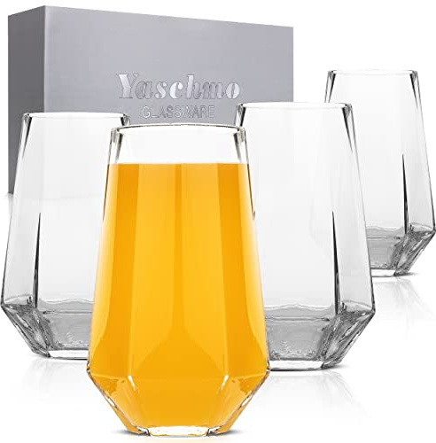 Yaschmo Large Beer Mugs, Hexagon Glass 4 Piece Set, Drinking Mug Bulk for Beer, Soda, Ice Coffee, Smoothies, Cocktails